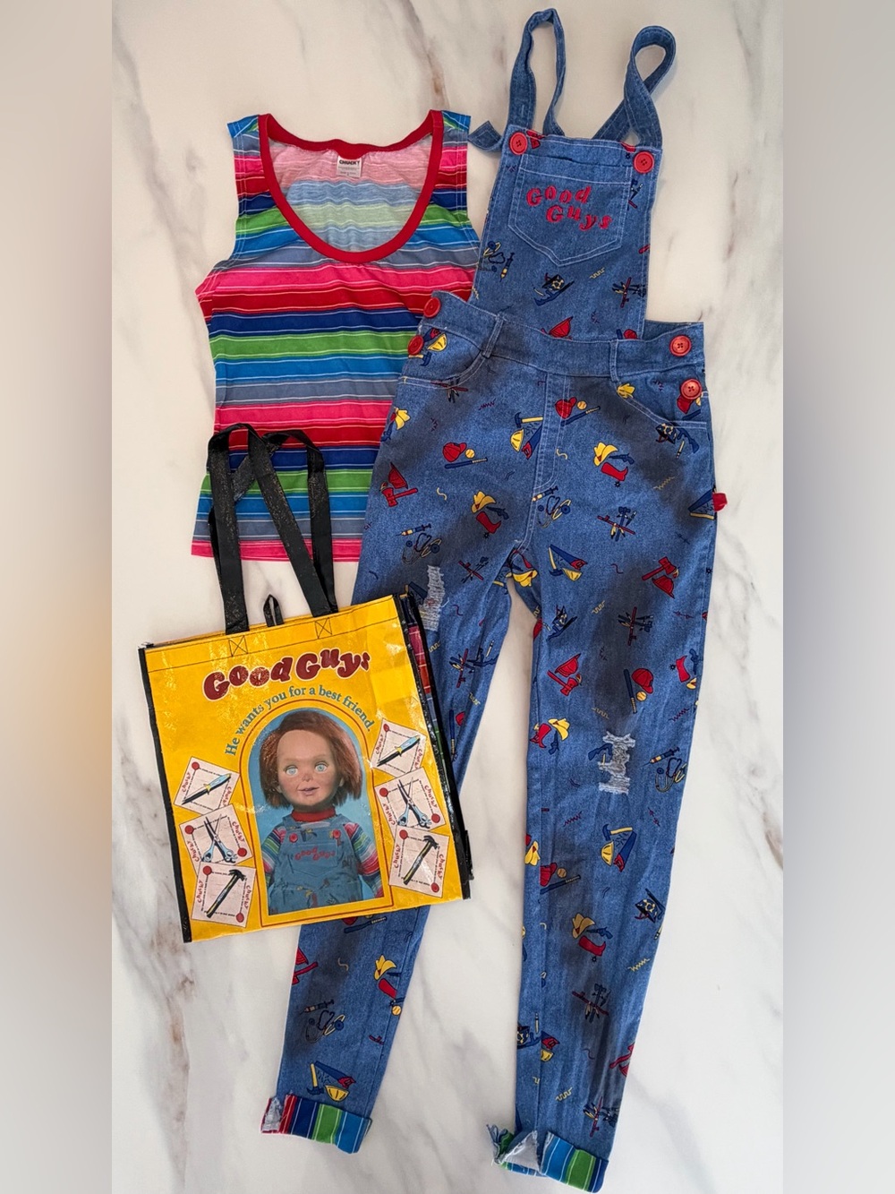 Spirit Halloween Chucky Good Guys Denim Overalls Costume Outfit & Tote Bag Small